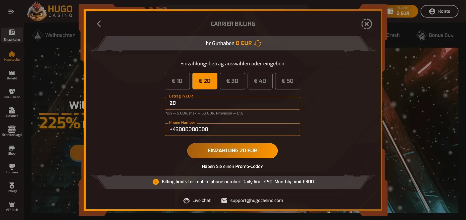 Hugo Casino mit handyrechnung bezahlen